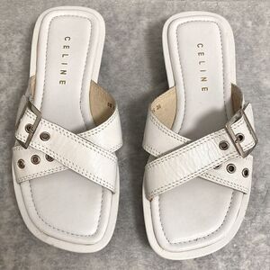 Celine Paris Low Wedge Slide Sandal With Crisscross Straps in White Leather.